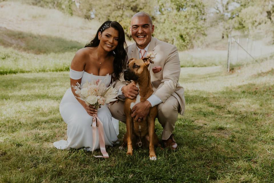 Smiling couple with dog