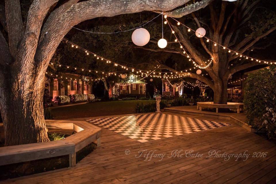 Outdoor wedding setup with bistro lights