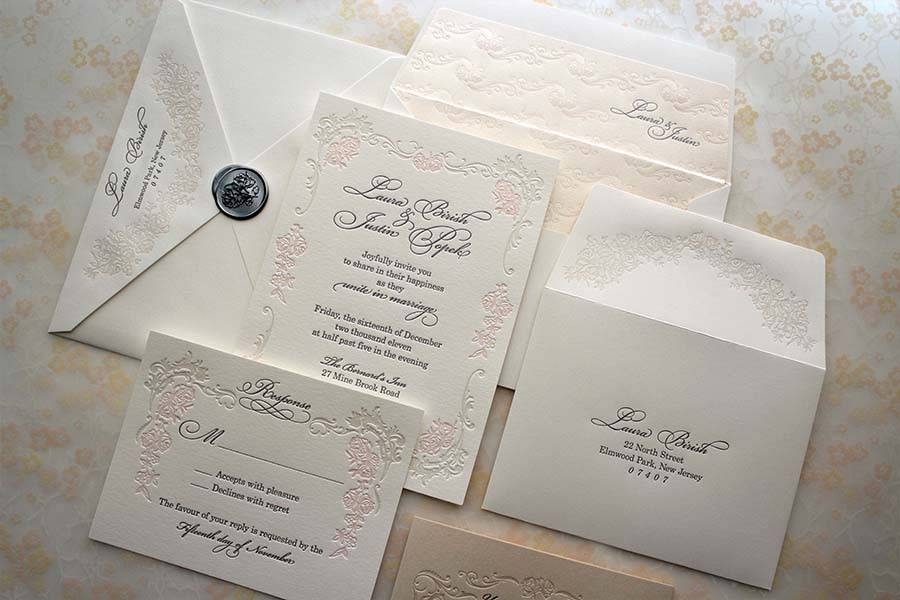 Versailles design letterpress printed in ivory, gold, soft pink and grey.