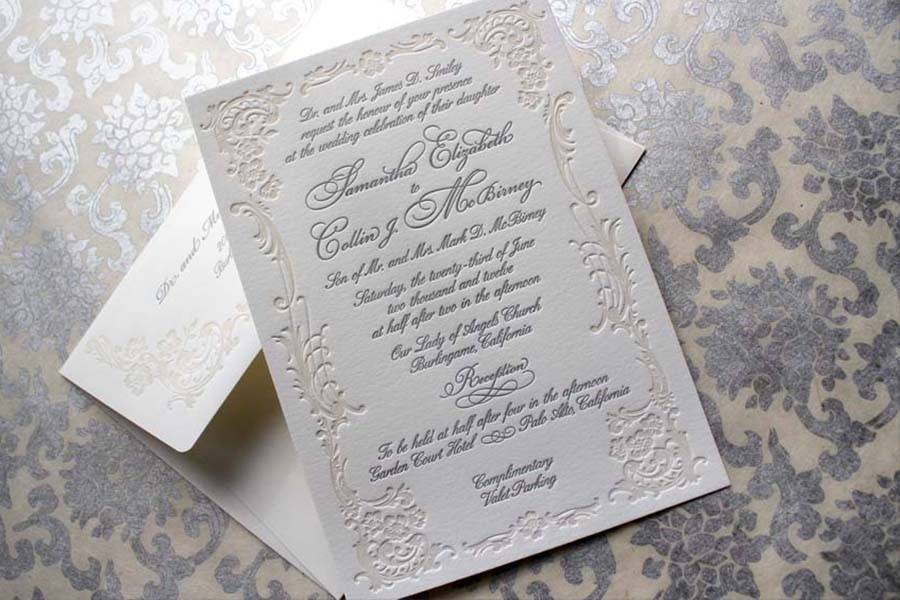 Aria design letterpress printed in ivory and silver inks