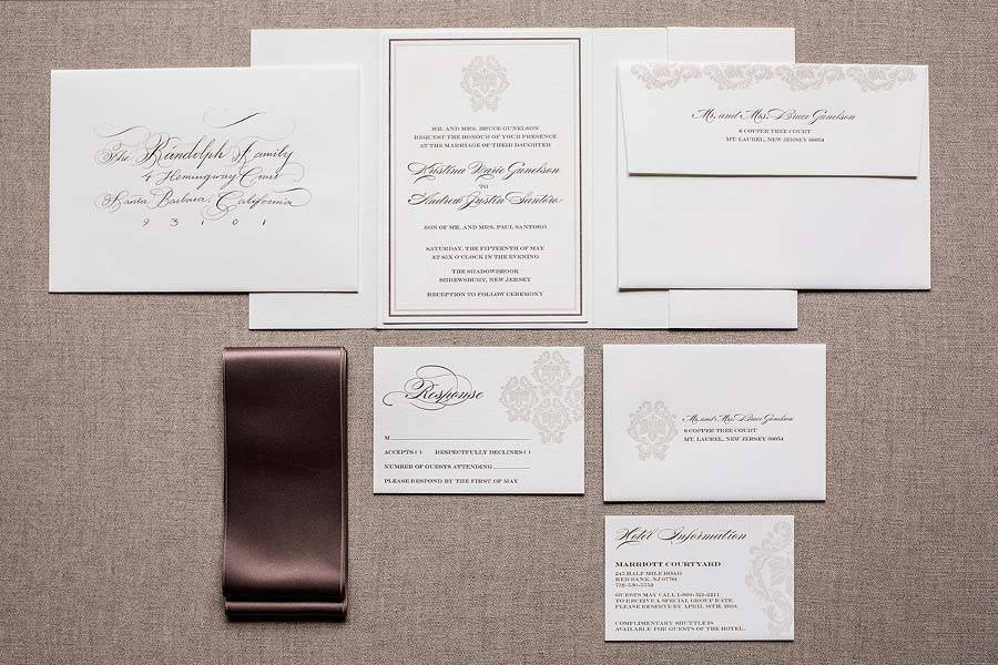 Imperial wedding suite. Letterpress printed in brown and ivory with floral medallions