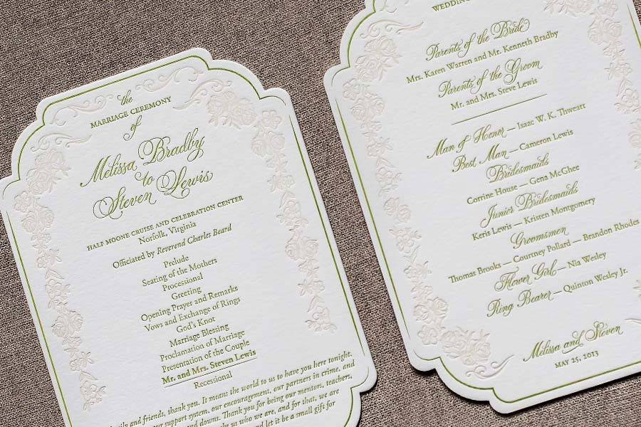 Custom die cut shape, letterpress printed wedding programs