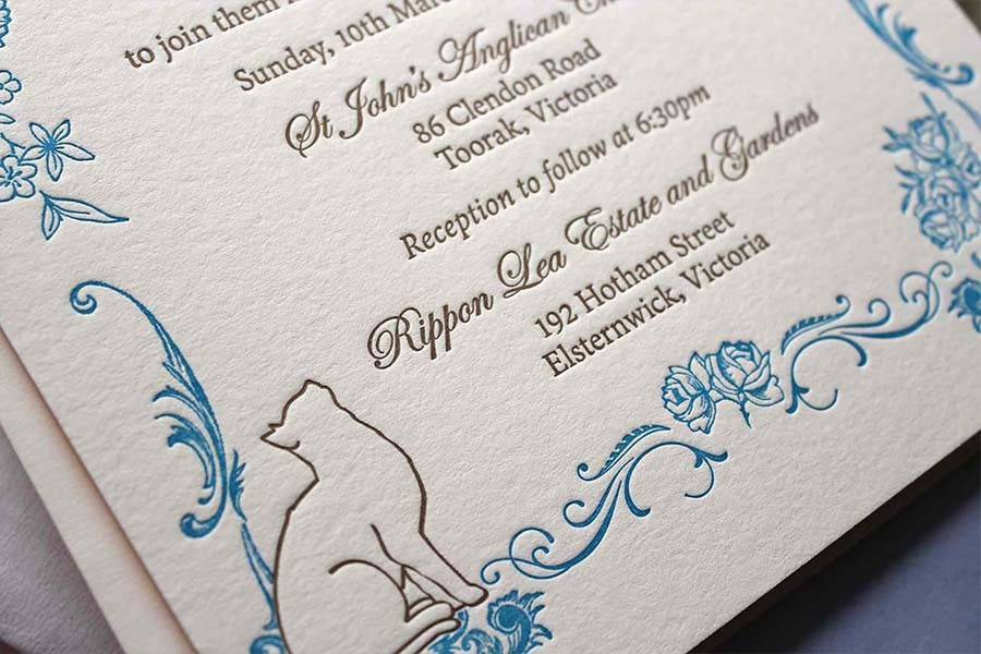 Custom designed and illustrated invitation announcements. Letterpress printed in gold and teal inks.