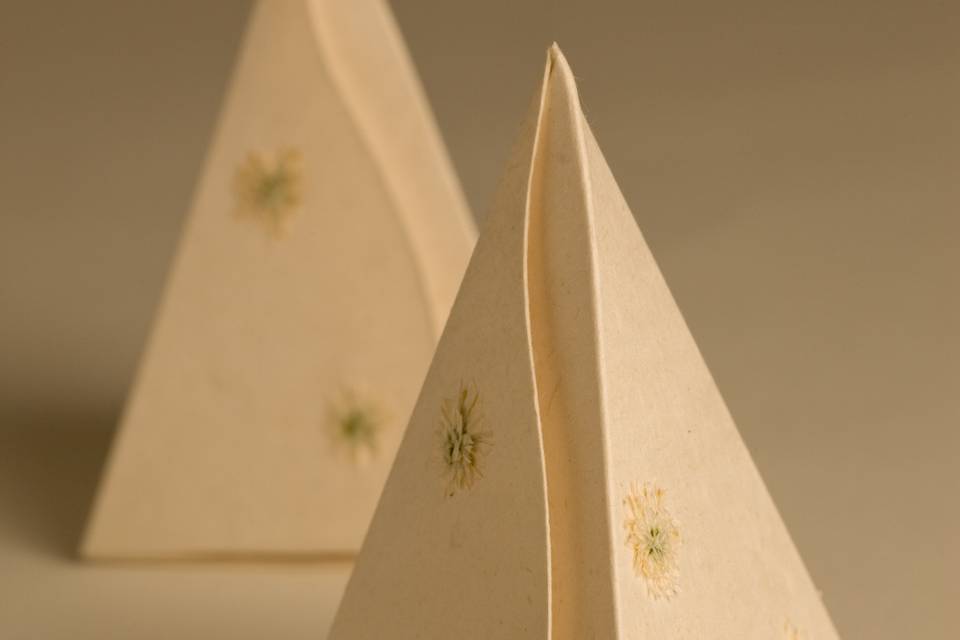 1-piece pyramid favor box. Fair-trade, tree-free compostable box filled with one delicious truffle.