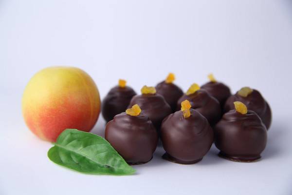 Apricot Basil truffle: roasted market apricots, fresh basil from our garden, semisweet chocolate.