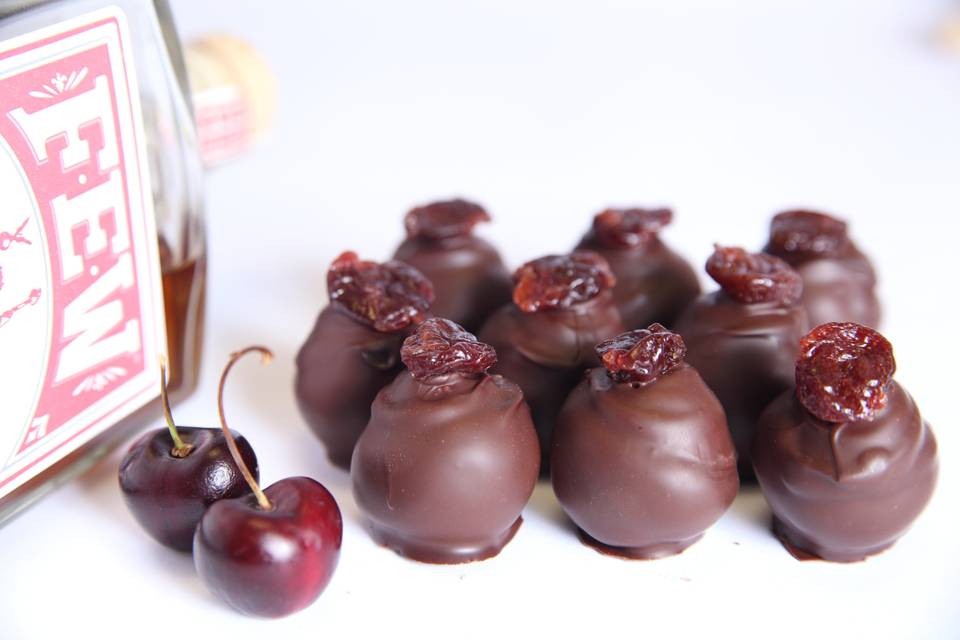 Manhattan Cocktail truffles: market cherries, FEW bourbon (distilled in Evanston), bittersweet chocolate.