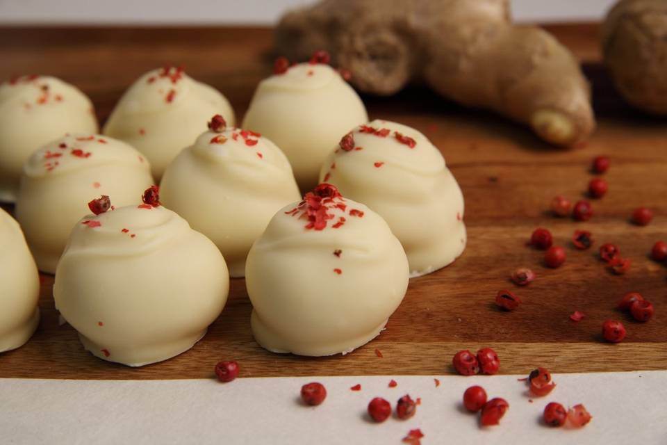 Passionfruit Ginger truffles: passionfruit, fresh ginger, white chocolate, pink peppercorns.