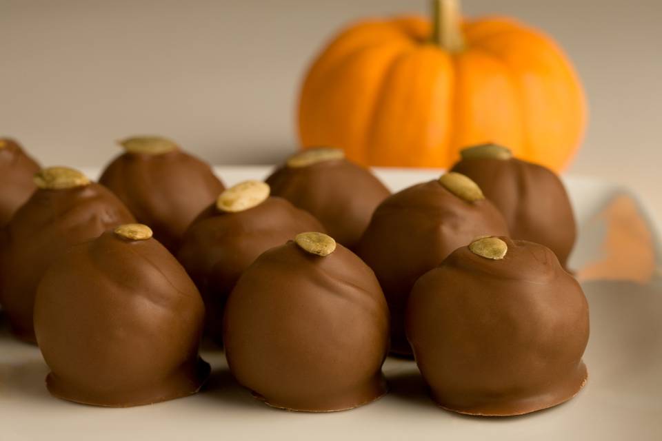 Pumpkin truffles: roasted pumpkin, rum and maple-soaked dried apricots, fall spices, milk chocolate, toasted pepita.