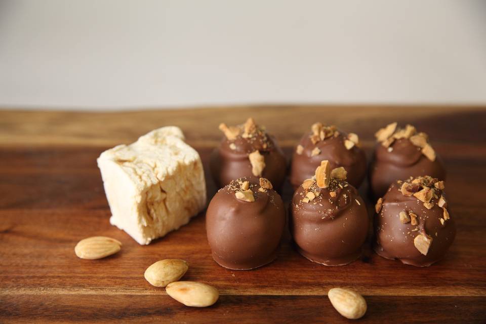 Rocky Road truffle: roasted almonds, salted caramel marshmallows, milk and semisweet chocolates.
