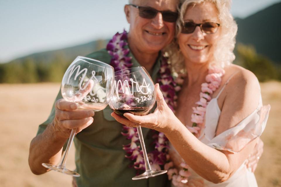 Bride and groom cheersing