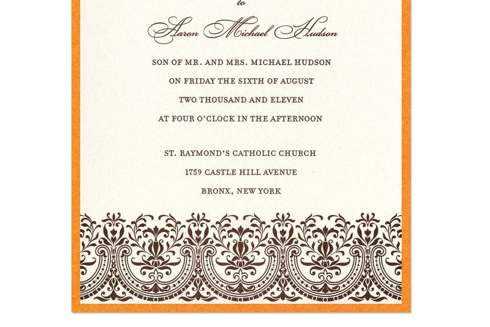 Give a nod to the past with this elegant, traditional design. Our stunning Victoria 2-Layered Wedding Invitations tap into the classically elegant Victorian style, which is a major trend today. If you are looking for something a little fashion-forward, yet totally refined, These Victoria Wedding Invitations could be your perfect match. Victoria Wedding Invitations are part of MyGatsby's exclusive suite of discount wedding invitations, so you are free to customize them at no additional cost. Choose your print layer paper color, along with your design ink and wording ink colors.  Next, choose your backing layer to accentuate and frame your wording.  Go ahead and play around with over 90 beautiful paper colors and 24 ink colors to create a stunning style combination that suits your own personal taste.