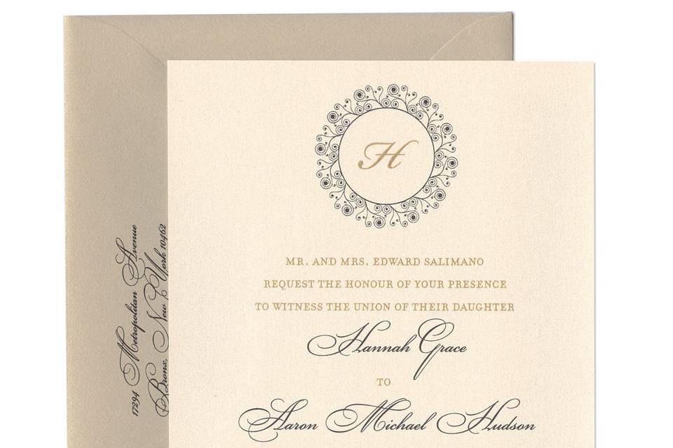 An elegant emblem holds your initials on our unique and elegant Hannah Wedding Invitations. Few things could me more timeless or less likely to go out of style. Embrace a classic feel and give these gorgeous Hannah Wedding Invitations a try. Hannah Wedding Invitations are fully customizable by you! Choose from over 90 paper colors and 24 ink colors to create a completely unique style. With MyGatsby's unique suite of styles and colors, you will have truly one-of-kind wedding invitations.