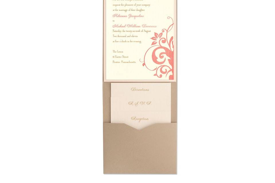 Daring damask frames the details of your special day with these classic Clarissa 2-Layered Wedding Invitations. Creating the perfect combination of elegant style and a trendy twist, these timeless wedding invitations allow you to play with current trends without the risk of ever going out of style. Available only at MyGatbsy, you can make these wedding invitations your own with any chosen combination from our over 90 paper colors and 24 ink colors. Choose your print layer paper color, along with your design ink and wording ink colors.  Next, choose your backing layer to accentuate and frame your wording. Customize these already stylish wedding invitations until they create the perfect tone for your unique event.