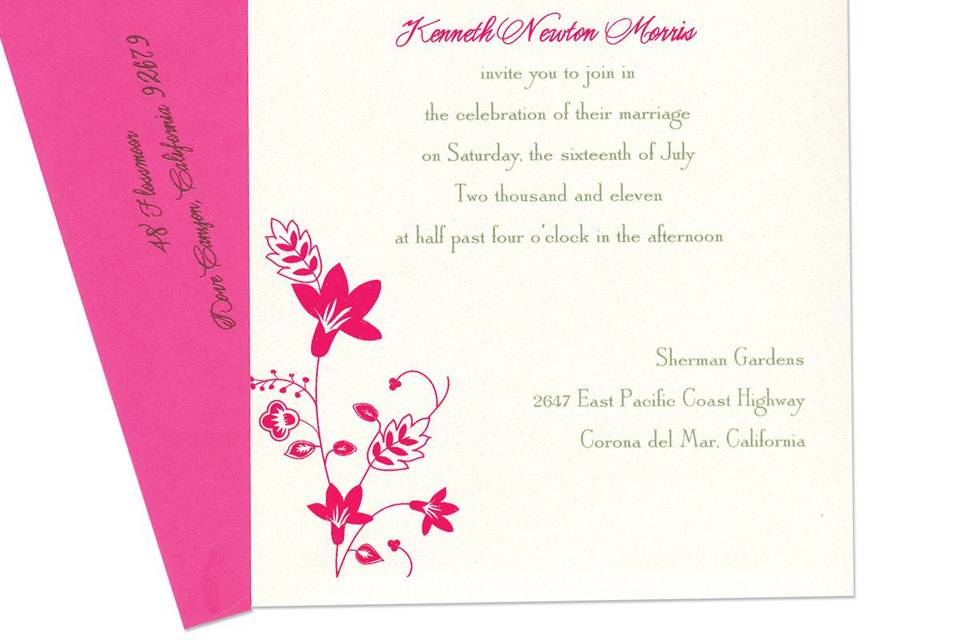 Fiona Folio Pocket Wedding Invitations manage to be both whimsical and sophisticated at the same time. With charming, cheerful blooms and curling vines peeking from the corners, all these details will be sure to make your wedding guests smile, and give them just a peek of the perfect day to come. Your entire invitation will be presented as a beautiful package, with all your enclosure cards stacked and tucked neatly in its own little pocket. Choose from more than 90 Paper Colors and 24 Ink Colors to create a totally original wedding invitation style unlike any other.