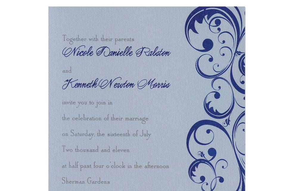 For a fabulous flourish, consider these Amazing Amber Wedding Invitations. This is an updated take on traditional style. So if you are going for a contemporary look with classic flair, these timeless wedding invitations may be just the thing you're looking for. As a part of MyGatbsy's exclusive collection, Amber Wedding Invitations are fully customizable to suit your specific tastes. You will select from over 90 beautiful paper colors and 24 intriguing ink colors to create a totally original wedding invitation style to fit your specific taste.