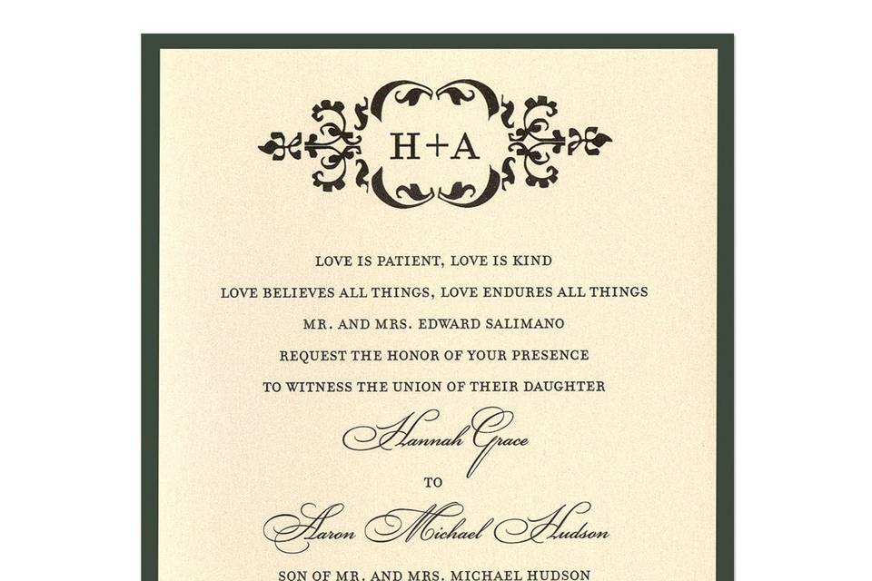 Completely classic and delightfully chic, traditionally styled 2-layer Cecilia wedding invitations offer unparalleled elegance at an unbeatable price. A timeless emblem design stamped with your monogram is the perfect answer for the couple looking for wedding invitations that will truly never go out of style. MyGatbsy's exclusive Cecilia Wedding Invitations can be further customized to become the exact invitations you've been dreaming of. Choose your print layer paper color, along with your design ink and wording ink colors.  Next, choose your backing layer to accentuate and frame your wording. These graceful wedding invitations and enclosure cards can be created from your choice of over 90 paper colors and 24 ink colors. So go ahead, play around, have fun, and create the gorgeous wedding invitations you've been dreaming of.