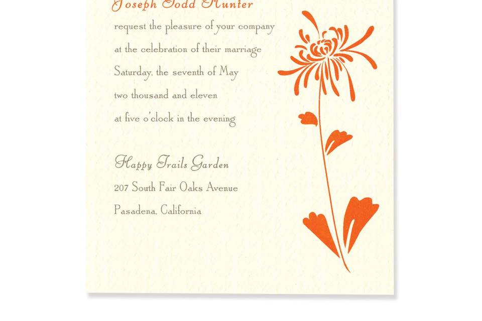 One simple, whimsical flower blooms on these cheerful Carly Wedding Invitations. For the bride who prefers playful elegance, these stunning yet understated wedding invitations will be sure to make you smile. Our colorful Carly Wedding Invitations truly become your own when you customize the colors to meet your specific style tastes. Mix and match from over 90 paper colors and 24 ink colors to create the exact wedding invitations you've been dreaming of.