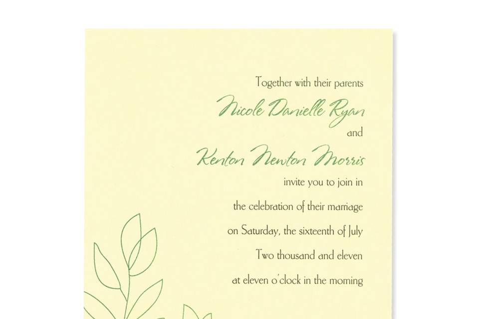 For a nod to the floral trend without all the feminine frills of flowers, consider our contemporary, clean-lined Eden wedding invitations. Simple, organic-inspired greenery grows from the base of these lovely, light-hearted wedding invitations for a look that is fashion-forward and floral-inspired, but in the most elegant, understated way.
