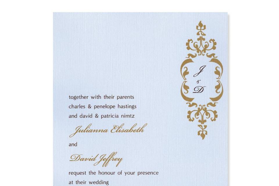 High glamour without the high price, these stunning Scarlett Wedding Invitations add a glamorous finish and a truly tasteful touch! A traditional monogrammed emblem gets a trendy touch when placed whimsically in the corner of these wonderful wedding invitations. You can make these Scarlett Wedding Invitations fit your exact style. Play around with our 24 ink colors and more than 90 paper colors to create a truly custom invitation style...at no extra cost!