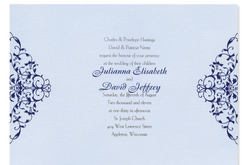 An elegant and original style, our unique Whitney Wedding Invitations make a distinctively stylish statement. A bold yet refined pattern repeats itself on either side of your elegant wedding invitations, creating the perfect frame for your very special details. Because the Whitney Wedding Invitations are part of MyGatsby's exclusive suite of discount wedding invitations, you are free to customize them at no additional cost. Feel free to play around with over 90 beautiful paper colors and 24 ink colors to create a stunning style combination that suits your own personal tastes perfectly.