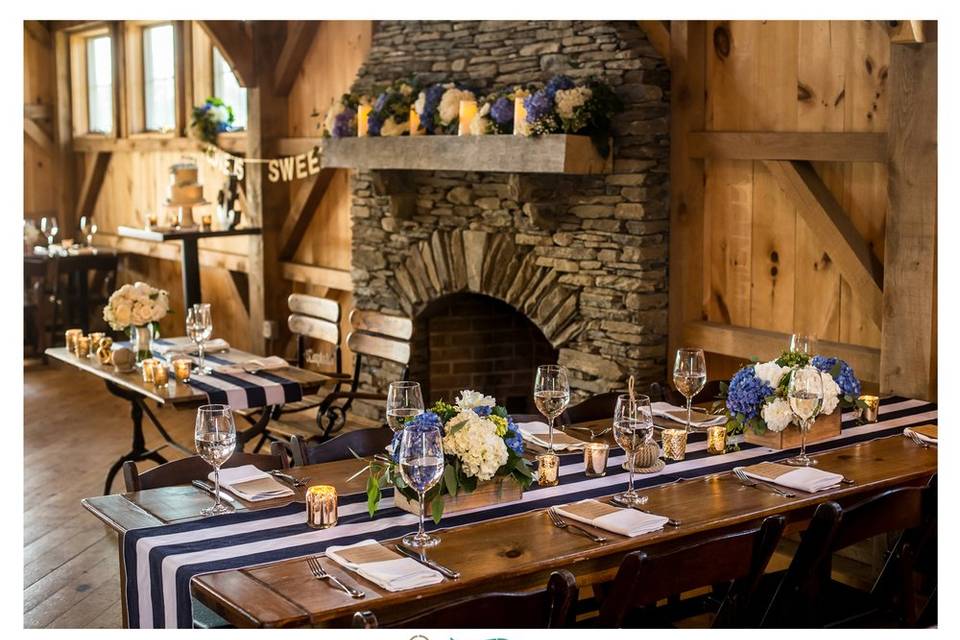 Fieldstone fireplace in barn