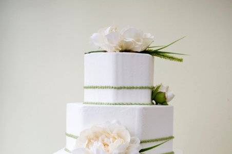 White with green trim and flowers