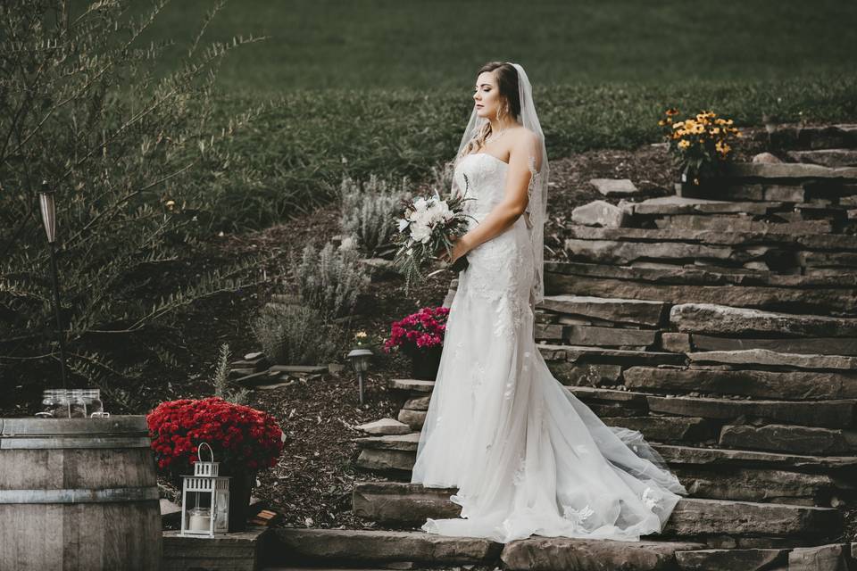 Bride on the stone steps
