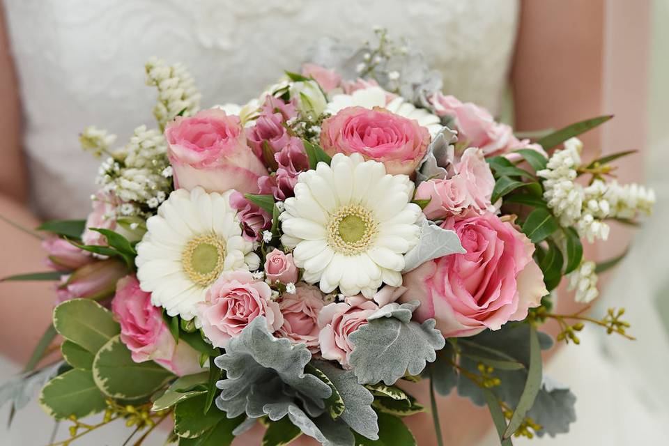Princess bridal, gerbera daisies, spray roses and alstromeria