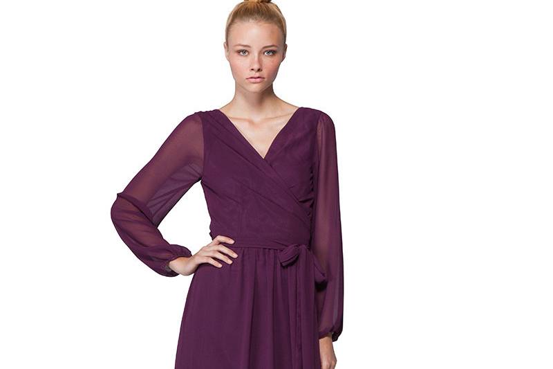 Holly Long The long chiffon sleeves of our chic Holly dress offer a little more coverage for those breezy nights and the flattering wrap style of this dress makes it a great fit for all shapes and sizes. While the waist cinching sash flatters all figures, the V neckline shows just enough skin to keep the look youthful and playful! Variety of colors available