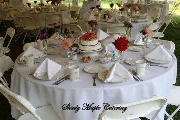 Table setting with cake centerpiece