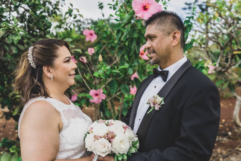 Bride and groom pink hibiscus