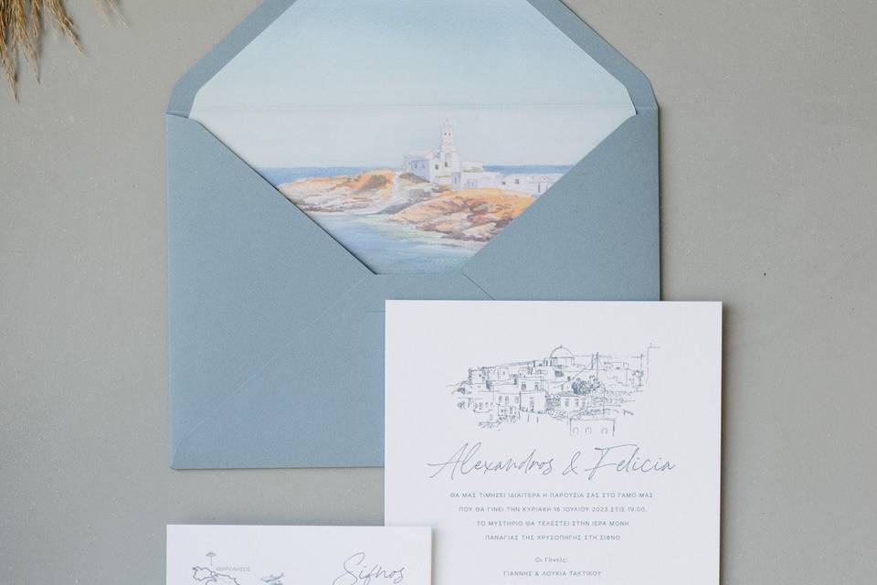 Blue and white invitations