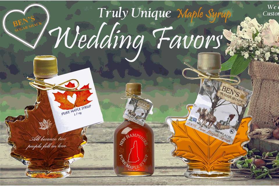 Pure Maple Syrup Wedding Favors - Glass Leaf Bottle - 1.7 oz Ben's Sugar Shack Hang-Tag