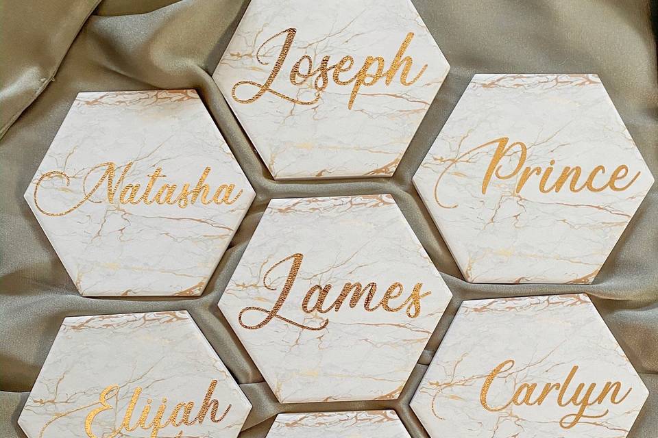 Hexagon table names coasters