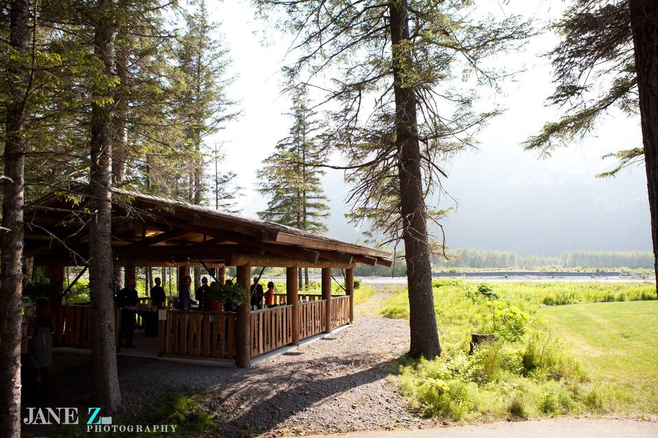 The covered, outdoor pavilion of the lodge is a perfect wedding ceremony option.