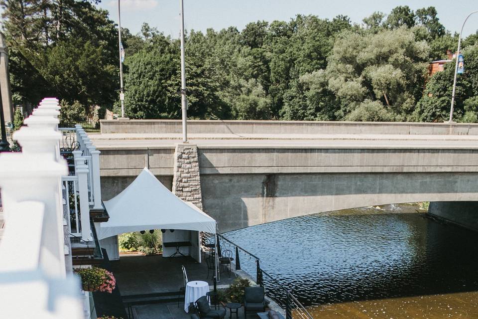 Tables set with waterfront views