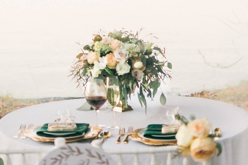 Table setup with flower centerpiece