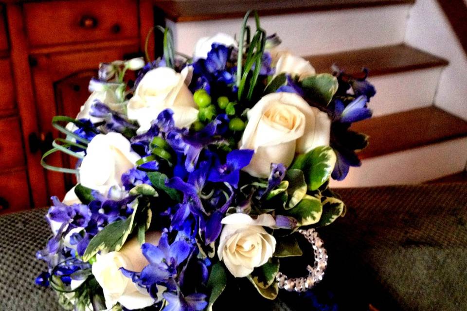 Blue and white wedding bouquet