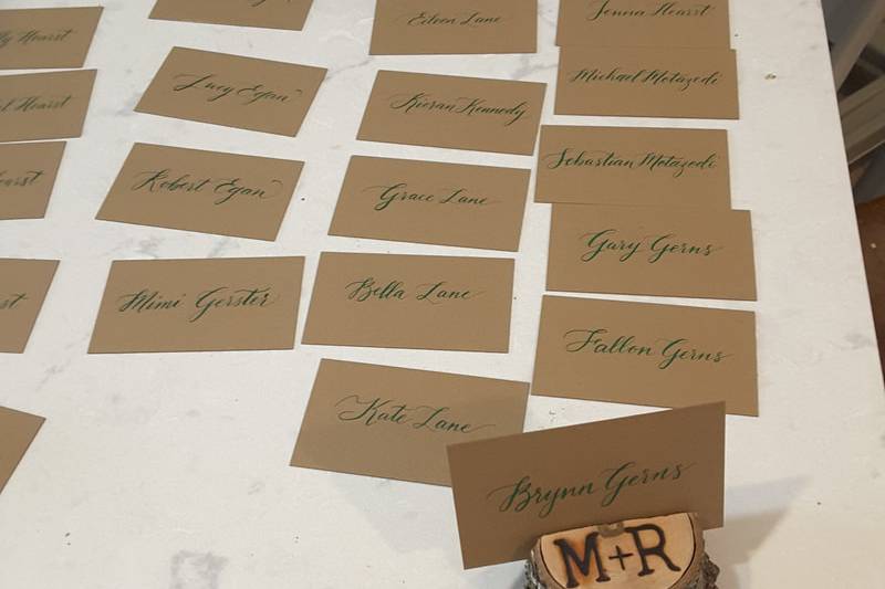Green ink on kraft place cards