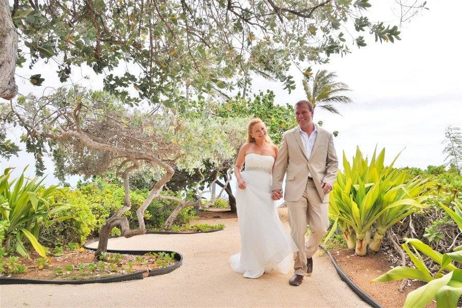 Couple walking in the garden