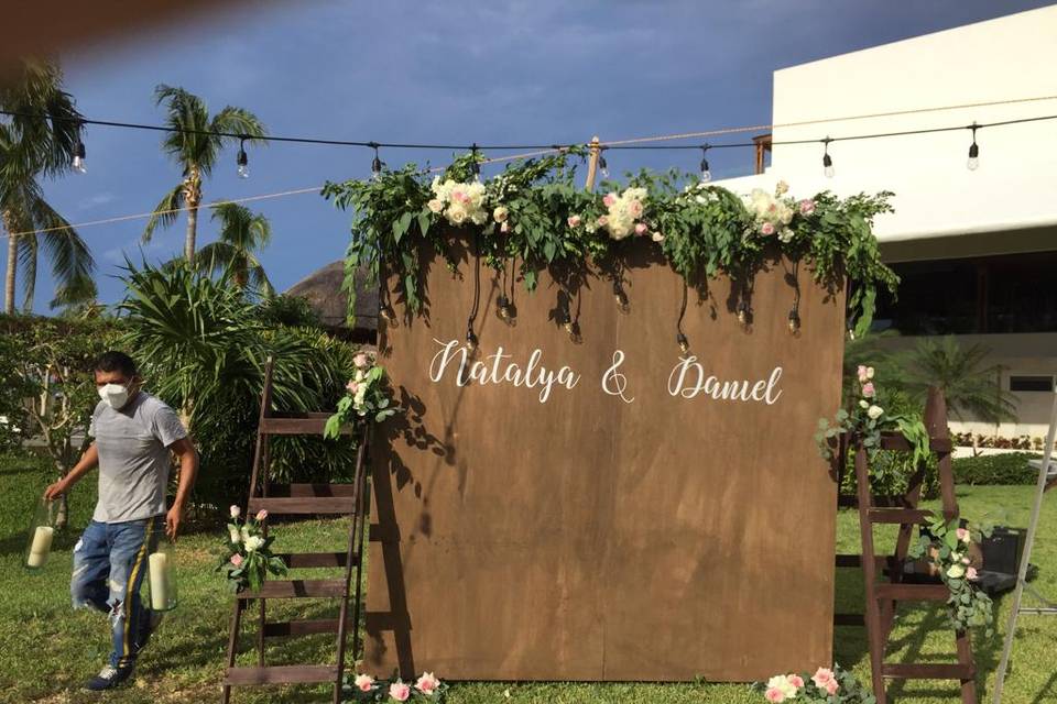 Rustic backdrop, with garland