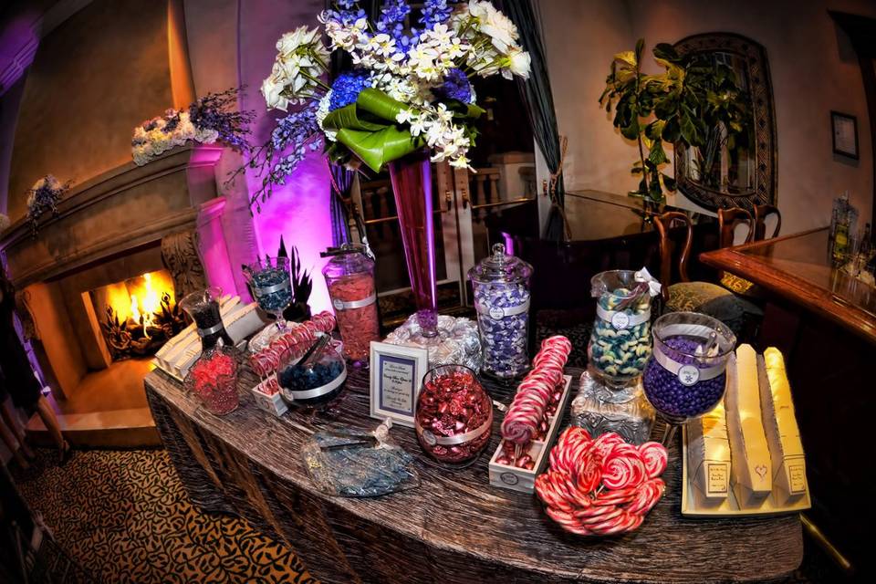 Candy Buffet with floral display.  Yum!