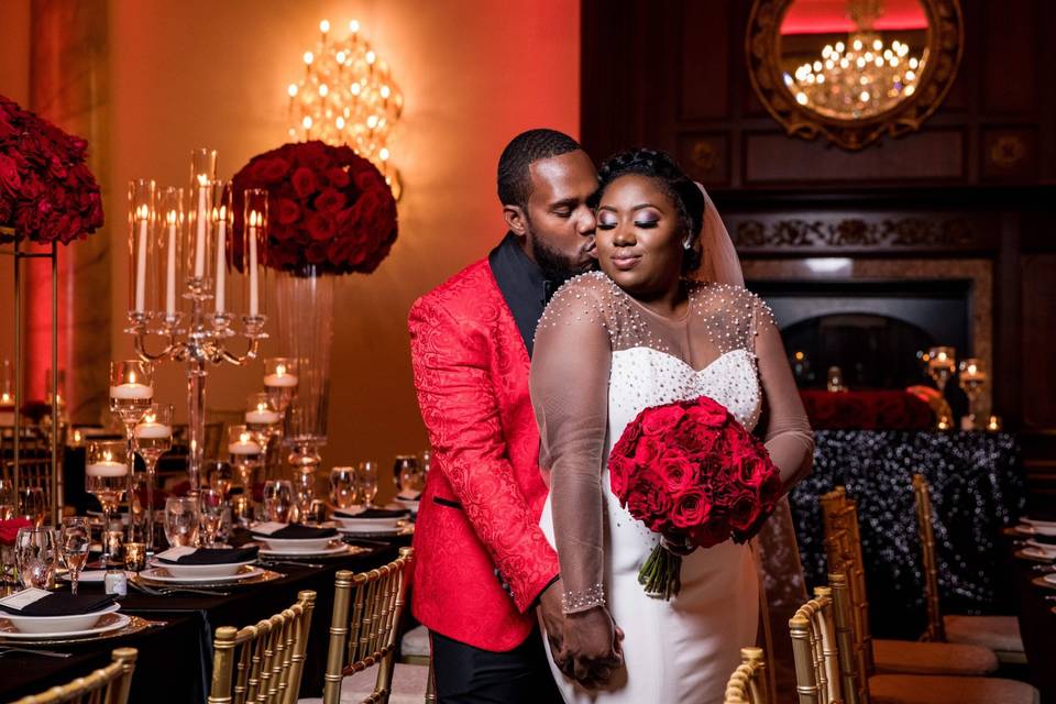 red and black wedding reception