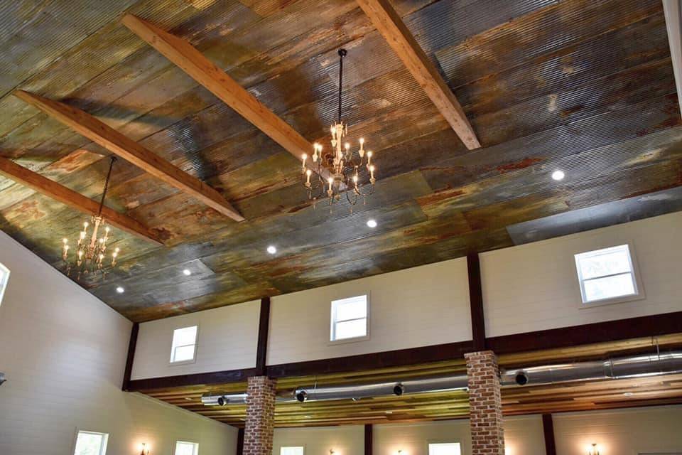 Exposed beams and chandeliers