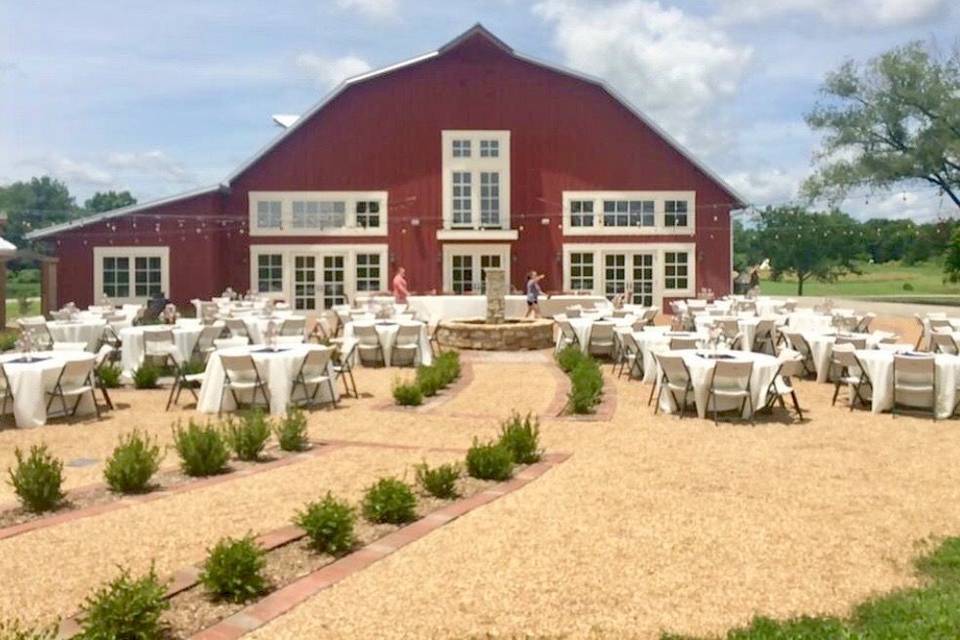 Red barn and grand patio at a different angle