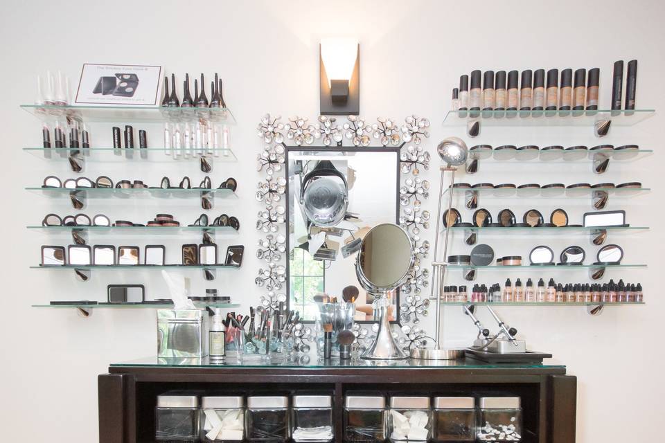 Makeup counter.  Our staff is trained in Youngblood Cosmetics and Airbrush makeup application. Indulge!