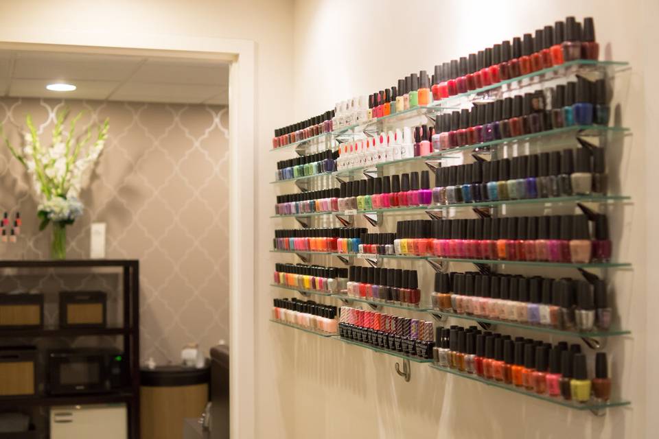 So many polishes to choose from! OPI, CND Shellac, Gelish, Zoya.  We also offer acrylic and gel nail applications!