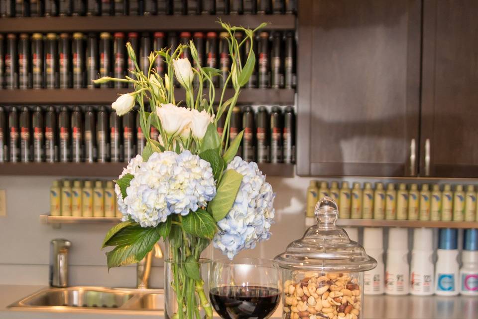 Relax at our color bar. Many bridal parties have used this bar for putting out food for their for bridesmaids to nibble on.