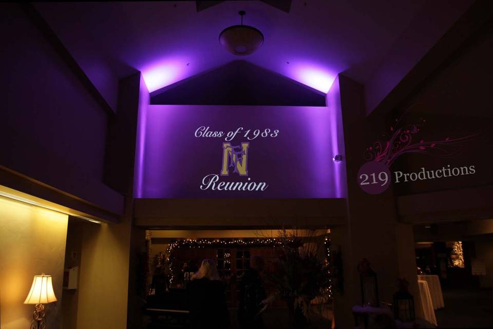Full color monogram and wireless purple uplighting at Briar Ridge Country Club of Schererville, Indiana.