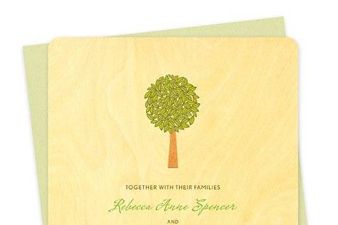 Elm Tree Wood Wedding Invitation in Spring. (Other suite items and colors available. Can also be printed on paper.)